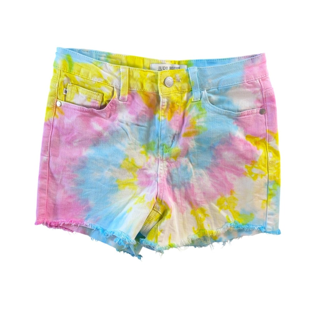 Stretchy Judy Blue Tie Dye High Waist Denim Shorts Pink Yellow JB150082 Small